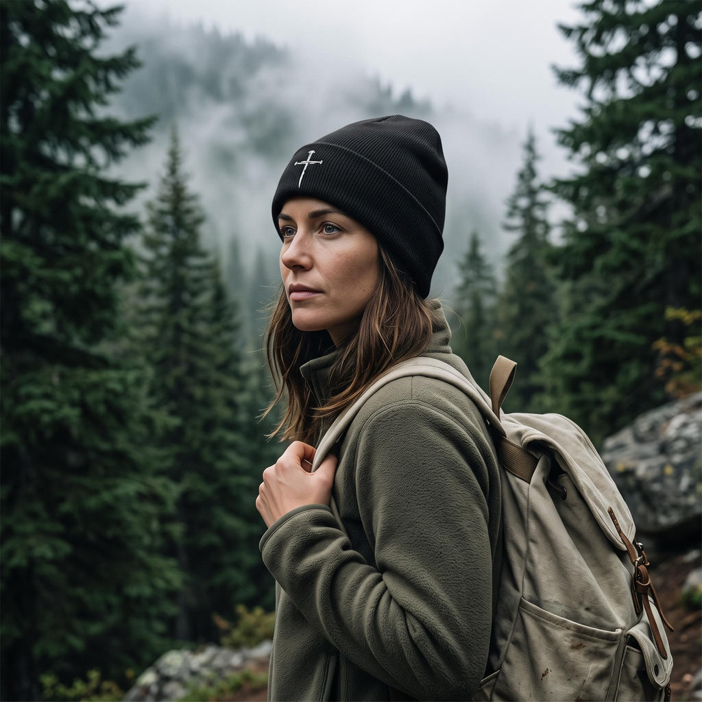 Embroidered Cross Knit Beanie