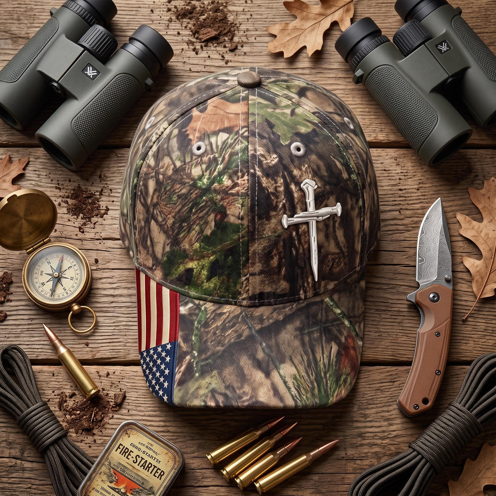 Nail Cross Camo Hat with American Flag